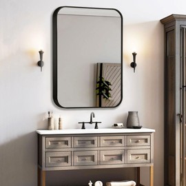 Umzodo 24"x36" Brushed Matte Black Metal Framed Rounded Rectangle Mirror, Wall Mounted Mirrors for Bathroom Entryway Vanity Living Room Bedroom, Vertical or Horizontal