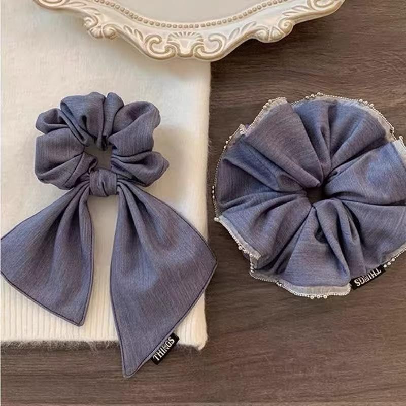 Hair Scrunchies Ribbon Blue Women Hair Accessories Elegant Style