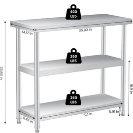 Stainless Steel Prep Table 36 x 14 inch, Heavy Duty Commercial Kitchen Table with Storage Shelf, Food Prep Worktable for Outdoor Use, Rust-Resistant & Easy to Clean, for Restaurants, Hotels, Workshops