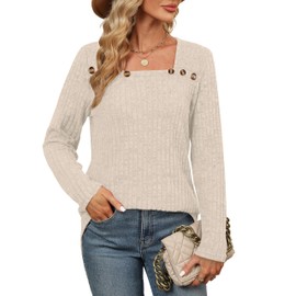 Aokosor Long Sleeve Tops Women Square Neck Jumpers Ladies Button Sweatshirts Curved Hem Beige Size 22-24