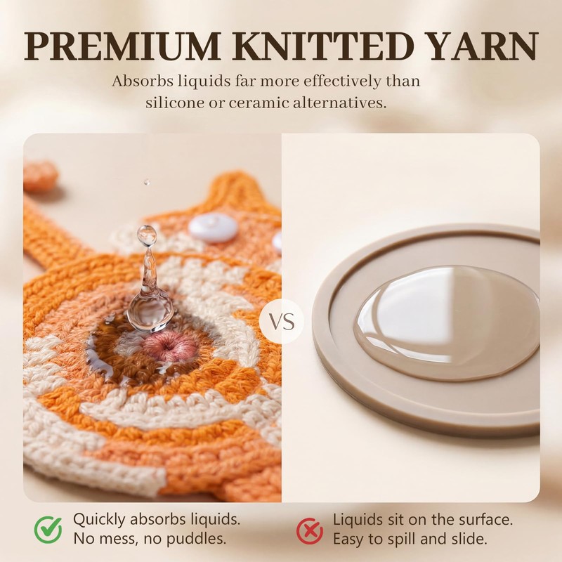 Yinsun Cat Coasters for Drinks 3 PCS Set, Cute Knitted