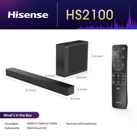 Hisense HS2100 2.1 Ch 240W Sound Bar with Wireless Subwoofer - DTS Virtual X, Dolby Audio, Ezplay, 6 EQ Modes, HDMI ARC, Bluetooth 5.3