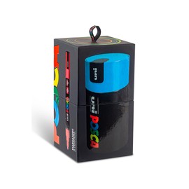 UNI POSCA GIFT BOX, 18 markers in different colours, medium round tip, line width 2.5 mm, aluminium gift box, colour of lid: light blue