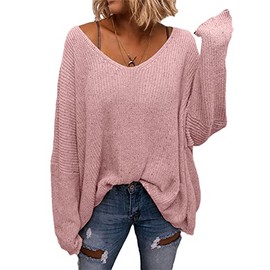 BZB Women's V Neck Long Sleeve Knit Loose Oversized Pullover Sweater Top Pink