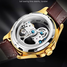 OLEVS Mens Watches Skeleton Automatic Brown Leather Strap Watches for Men Luxury Big Large Blue Face Dress Men's Wrist Watches Mechanical Self Winding Mens Watch Classic Waterproof Watch for Men