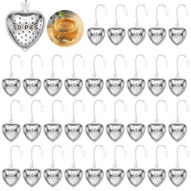 50 coladores de té, filtros de bola de té de acero inoxidable, infusores de té de hojas sueltas, difusor de intervalo de té, filtros de té de malla en forma de corazón con gancho de cadena extendido