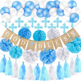58 Pieces Baptism Decorations for Boy First Communion Decor God Bless Banner Cross Swirl Hanging Decor Paper Honeycomb Balls Pom Pom Flowers Paper Tassel Garland for Baby Shower, Christening