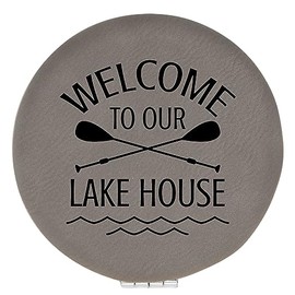 Enthoozies Welcome to Our Lake House Gray 2.5" Diameter Laser Engraved Leatherette Compact Mirror