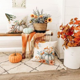JXZYGMD Fall Pillow Covers 18x18 inch Set of 2 Orange Watercolor Pumpkin Fallen Leaves Decorative Throw Pillow Covers Thanksgiving Decoration for Home Decor