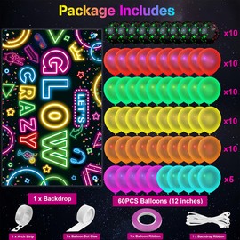 Jumpama Neon Glow Party Decorations Includes 60Pcs Glow in the Dark Balloons and 1Pcs Let's Glow Crazy Backdrop UV Neon Balloons Glow Party Banner Glow Party Supplies Neon Birthday Party Decorations