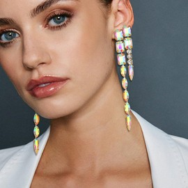 BriLove Geometric Long Earrings Crystal Rhinestone Marquise Rectangle Emerald Cut Chandelier Drop Statement for Women Party Prom Iridescent AB Gold-Tone