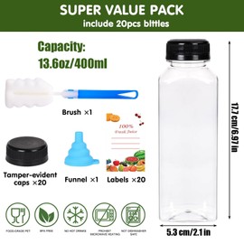 wintfarm wintfarm 20pcs 13.6oz/400ml Empty Plastic Juice Bottles with Caps, Smoothie bottle,Shot bottles with lids,Reusable Water Bottle,Clear Bulk Plastic bottles with Black Tamper for Juicing and Beverages
