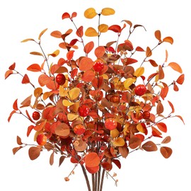 Beferr Fall Eucalyptus Stems Decor- 5Pcs 32" Tall Faux Eucalyptus Leaves Pumpkins Fall Artificial Flowers Arrangements for Table Centerpiece Autumn Farmhouse Party Home Decorations
