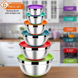 LIANYU Stainless Steel Mixing Bowls Set of 6, Nesting Mixing Bowl with Airtight Lids, Size 7, 3.5, 2.5, 2, 1.5, 1QT, Large Metal Bowls for Baking Cooking Food Storage, Non-slip Bottom, Colorful