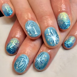 Square Press on Nails Short Fake Nails with Designs Fireworks Glue on Nails Rhinestone False Nails Blue Bling Sequins Acrylic Nails Glitter Full Cover Stick on Nails for Women 24Pcs