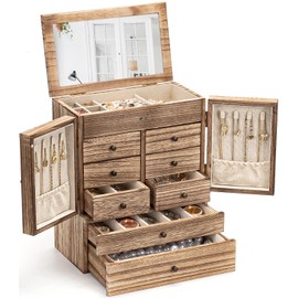Emfogo Jewelry Box for Women Wooden Jewelry Boxes & Organizers 5-Layer Rustic Large Jewelry Organizer Box with Mirror & 8 Drawers for Rings Earrings Necklaces Bracelets Women Girls Gifts