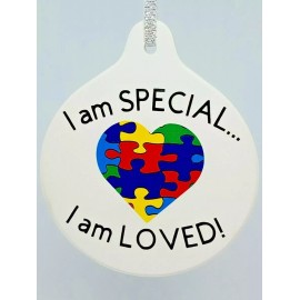 Handmade 'I am Special...I am Loved' Autism Puzzle pieces heart ceramic ornament - NEW