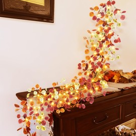 Krissing 6FT Lighted Fall Eucalyptus Leaves Garland with Timer Battery Operated Fall Vine Berry Garland with Lights for Autumn Home Fireplace Mantel Centerpieces Thanksgiving Decor