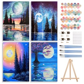 4 Pack Paint by Numbers Kits for Adults Beginners Framed Canvas, Adult Paint by Number Kit with Easel, Moon Mountain Landscapes Painting by Numbers for Beginners, Arts and Crafts for Decor 8x12inch
