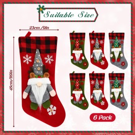 Lyrow 6 Pack Christmas Stockings Bulk 19 Inch Xmas Stockings 3D Santa Gnome Stockings for Christmas Plaid Large Stockings for Family Holiday Christmas Party Gifts Decoration(Classic Style)