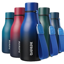 BJPKPK Insulated Water Bottles, 12oz Stainless Steel Metal Water Bottle with Strap, BPA Free Leak Proof Jugs, Mugs, Flasks, Reusable Thermal Flasks for Sports & Travel, Blue Black