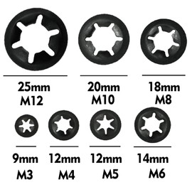 340 Pcs Starlock Washers, Internal Tooth Push On Locking Washers, Quick Speed Clips Fasteners Washers, Black Fixed Lock Washers Assortment Washers Kit - M3/M4/M5/M6/M8/M10/M12