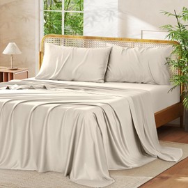Vipfree Full Sheet Set, 100% Rayon Derived from Bamboo, 4-Piece, 16 Inch Deep Pockets, Cooling Sheets for Full Size Bed Set, Breathable & Silky Soft, Hotel Bedding Sheets & Pillowcases, Sand