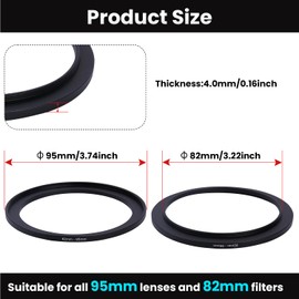 Metal Step Up Ring Filter Adapter - 82mm to 95mm - Metal Ring Step Up Rings Adapter Filter Compatible with All 95mm UV, CPL, ND, Lens Hood, Threaded Lens ect