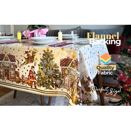 Decoser Heavy Duty Flannel Backed Vinyl Tablecloth with Flannel Backing Easy to Wipe-Clean Oilcloth Waterproof Plastic Rectangle 55x55 inch Table Cover for Christmas