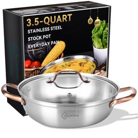 LOLYKITCH 11 Inch Tri-Ply Stainless Steel Chef's Pan with Lid,3.5 QT Stock Pot,Kadhai,Saute Pan,Induction Deep Frying Pan,Dishwasher and Oven Safe.