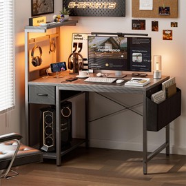 Grandder Gaming Desk 47 Inch with Power Outlet and LED Light, Computer Desk with Reversible Shelves and Storage Drawer, Pc Small Desk for Home Office Table with Bag, Carbon Fiber Grey