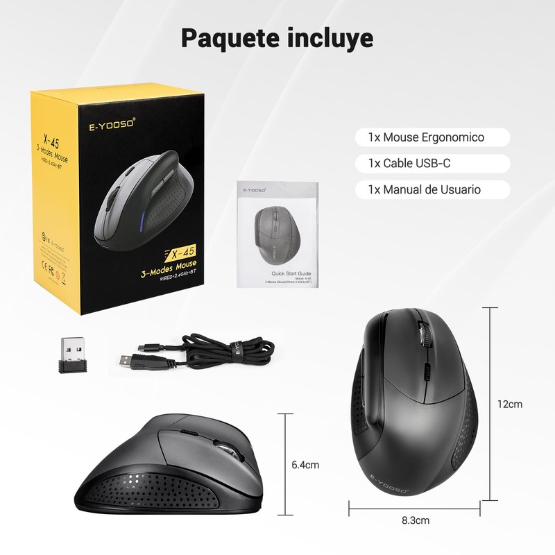 TERPORT F50 Mouse Vertical Inalámbrico, Mouse Ergonómico con 3 Modos
