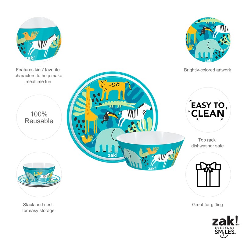 Zak Designs 5-Piece Dinnerware Set, Safari - Durable Plastic &