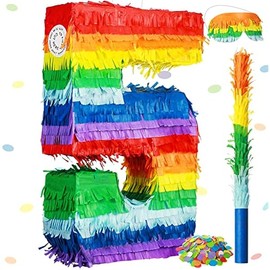 Sratte Rainbow Number Piñata Multicolor Number Piñata Small Kids Birthday Party with Blindfold Stick and Confetti for Birthday Anniversary Cinco De Mayo Fiesta Party Decor(Number 5)