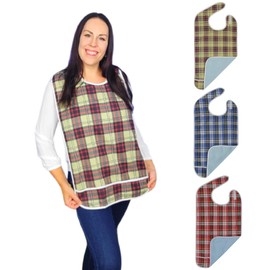 Modaliv Adult Bib - 3 Pack Reusable Clothing Protector - Waterproof - Crumb Catcher - Machine Washable Adult Bibs for Eating - Extra Long Adult Bibs for Men and Women (Blue, Beige, Red)