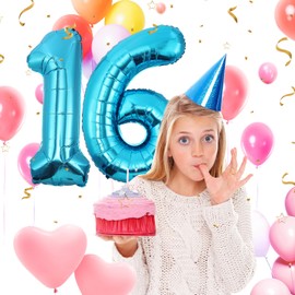 Partyhausy Geburtstag zahlen luftballon 16 jahre | Blau Folienballon 16 XXL -Riesen Folienballon in 40" - 101cm Geburtstagsdeko - Ballon Zahl Deko zum Geburtstag .Fliegt mit Helium