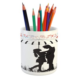 Ambesonne Umbrella Girl Pencil Pen Holder, Illustration of a Young Couple with Musical and Hearts, Printed Ceramic Pencil Pen Holder for Desk Office Accessory, Charcoal Grey Multicolor