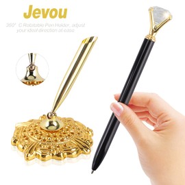 Jevou Hollow Round Pen Holder Signing Pen Set with Big Crystal Diamond Pen for Wedding Bridal Engagement Party Favors, Golden Holder with Black Pen