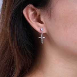 Atentuyi Boho Silver Crystal Cross Earrings Rhinestone Cross Dangle Earrings Small Cross Drop Earrings Tiny CZ Cross Stud Earrings Religious Crucifix Earrings Jewellery Women and Girls, Crystal