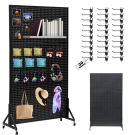 Eastern Tree Metal Pegboard Display Stand 3.5 x 6 Feet with 30 Hooks, Standing Pegboard Display with Wheels, Peg Board Display Rack, Large Pegboard Panels - Black