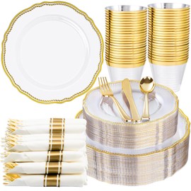 Hioasis 350pcs Clear Gold Plastic Plates - Gold Plastic Dinnerware Set Includes 50 Dinner Plates, 50 Dessert Dinnerware, 50 Cups, 50 Rolled Napkin Cutlery Perfect for Wedding & Party