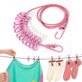 BOJIDO Laundry Rope, Camping Rope, 12 Clips, Portable, Convenient, Windproof, Elastic, Stretchable, Travel, Camping, Indoor, Outdoor, Rainy Season, Room Drying, Laundry Drying, Outdoor (Pink)