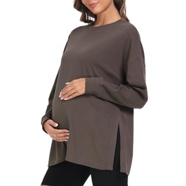 Ecavus Women's Casual Maternity Shirts Long Sleeve Soft and Comfy Pregnancy Tee Tops Side Split Maternity Clothes Grey