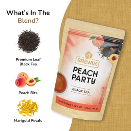 BREWIX, Peach Party (25 Pyramid Tea Bags) | Black Tea with Peach | Premium Black Tea with Peach | Floral & Refreshing Peach Tea Bags | Iced Tea Bags | Caffeinated And Sugar-Free
