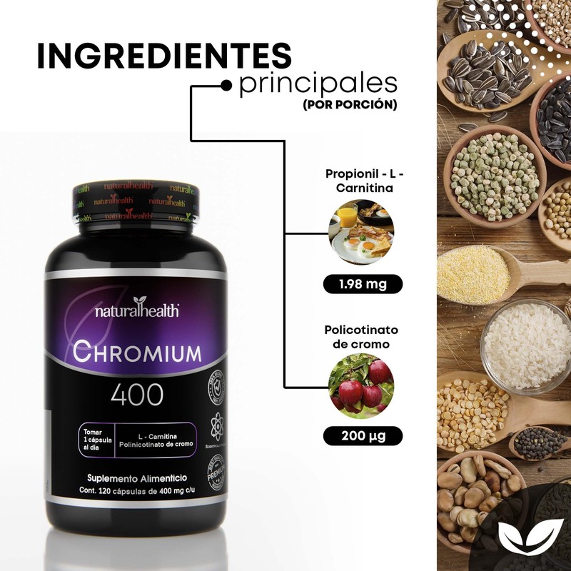 Natural Health. Chromium 400 + L-Carnitina. Frasco con 120 Cápsulas