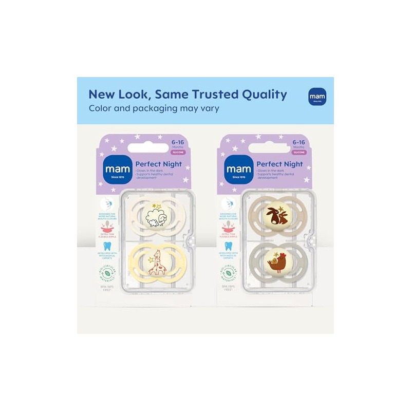 MAM Perfect Night 2 Piece Baby Pacifier, Unisex, 6+ Months