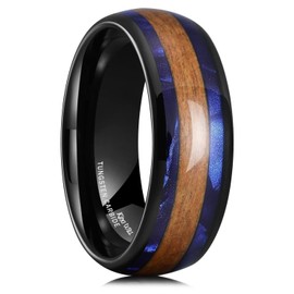 King Will 8mm Black Tungsten Ring For Men Koa Wood Inlay Blue Galaxy Blue Foils Inlaid Domed Polished Wedding Band Promise Comfort Fit 12