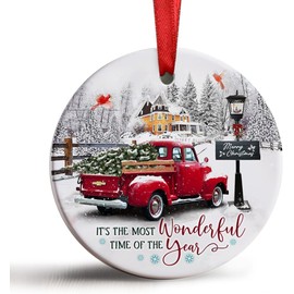 Red Truck Christmas Ornaments Decorations, It's The Most Wonderful Time of The Year Christmas Round Ornament Ceramic for Xmas Tree Hanging Decoration, Vintage Red Truck Christmas Decor