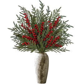 36" 4PCS Real Touch Norfolk Pine Branches with 2pcs Berry Branches,Christmas Green Plants Norfolk Pine Stems, Faux Cedar Branches for Christmas DIY Crafts Indoor Outdoor Home Decor(6 Pcs)