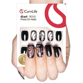 CurvLife Black Press On Nails Short Square, Rhinestone Swirl Design Soft Gel Acrylic Stick On Nails Tips, Salon Quality Glue On False Nails Kit for Women